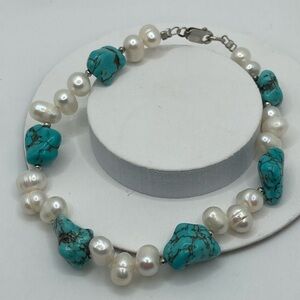 Vtg Sterling Pearl & Turquoise Chunk Beaded Bracelet 8.3”